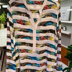 Equipment Silk White Button-Down Blouse with Multicolor Tropical Stripe Print